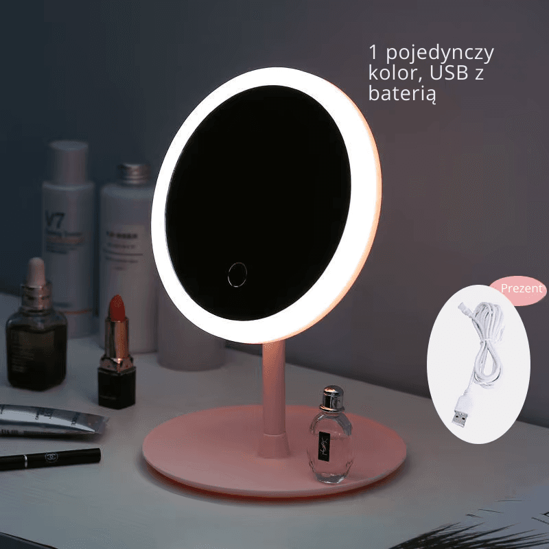 Lusterko do makijażu z oświetleniem – białe światło LED, dzienne lusterko kosmetyczne, odłączana podstawa ze schowkiem, 3 tryby oświetlenia, idealne na prezent, kabel USB w zestawie.