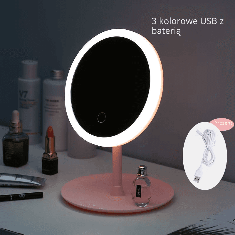 Lusterko do makijażu z oświetleniem – białe światło LED, dzienne lusterko kosmetyczne, odłączana podstawa ze schowkiem, 3 tryby oświetlenia, idealne na prezent, kabel USB w zestawie.