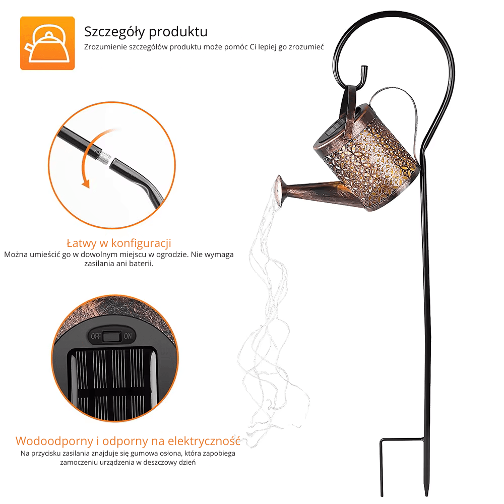 Lampa Ogrodowa , Solarna Konewka  – Wodospadowe Światło LED, Wodoodporna Dekoracja na Taras, Ogród, Trawnik i Podwórko