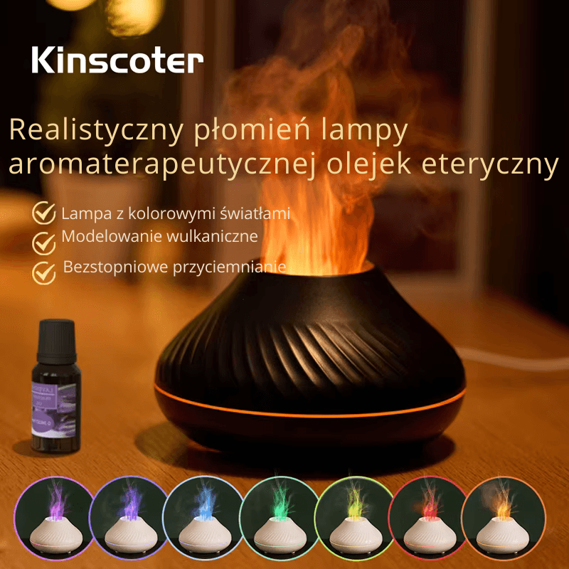 Wulkaniczny Dyfuzor Aromatyczny – Lampa z Olejkami Eterycznymi, 130 ml, Przenośny Nawilżacz Powietrza USB z Kolorowym Płomieniem i Lampką Nocną
