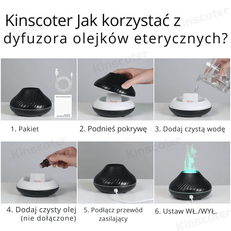 Wulkaniczny Dyfuzor Aromatyczny – Lampa z Olejkami Eterycznymi, 130 ml, Przenośny Nawilżacz Powietrza USB z Kolorowym Płomieniem i Lampką Nocną