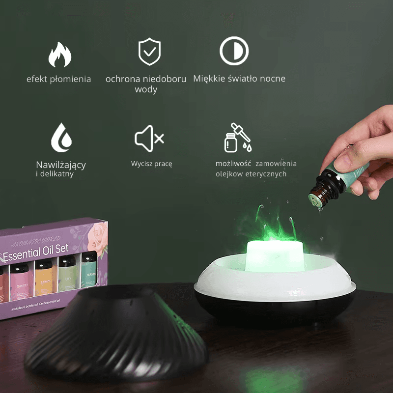 Wulkaniczny Dyfuzor Aromatyczny – Lampa z Olejkami Eterycznymi, 130 ml, Przenośny Nawilżacz Powietrza USB z Kolorowym Płomieniem i Lampką Nocną