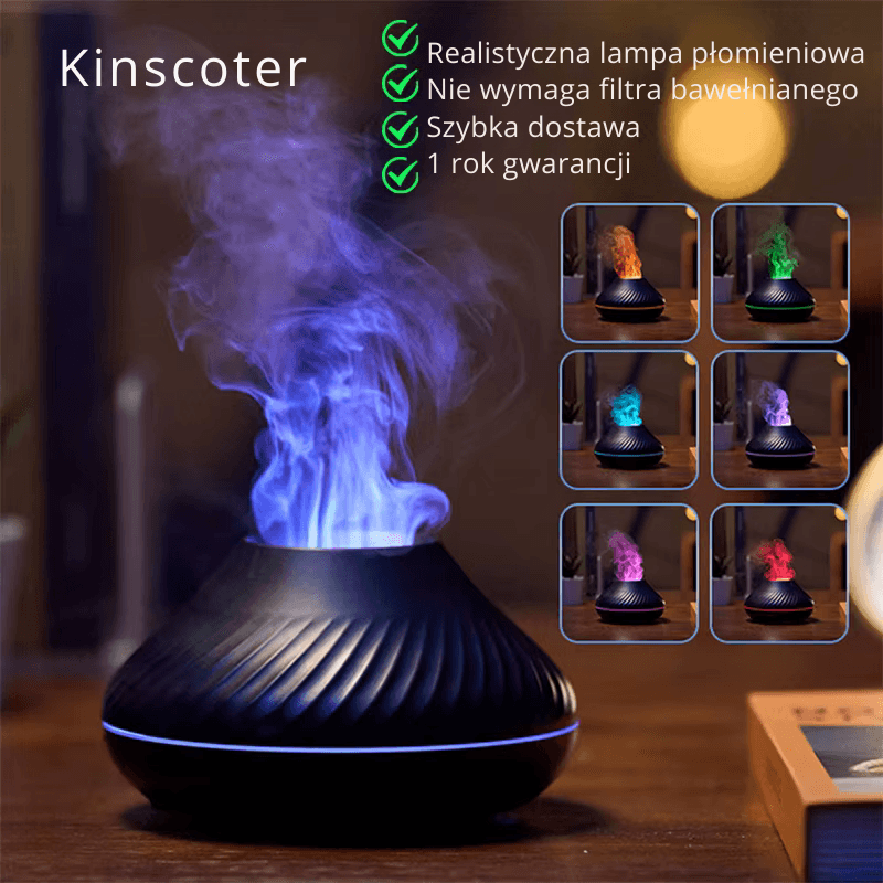 Wulkaniczny Dyfuzor Aromatyczny – Lampa z Olejkami Eterycznymi, 130 ml, Przenośny Nawilżacz Powietrza USB z Kolorowym Płomieniem i Lampką Nocną