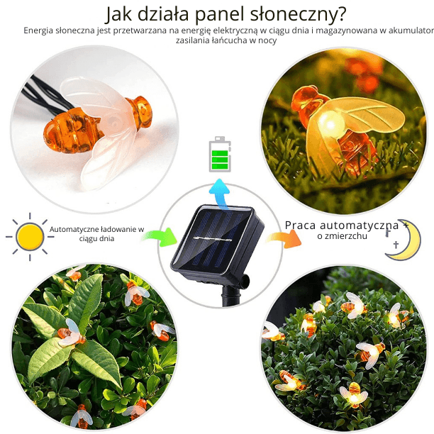 Lampka solarna LED 20 sztuk – Urocza Biedronka, Zewnętrzne Oświetlenie, Dekoracja na Wesela, Ogród, Patio, Imprezy, Choinkę, Lampka w Kształcie Gwiazdki, Bajkowe Oświetlenie – Lampka w Kształcie Pszczoły